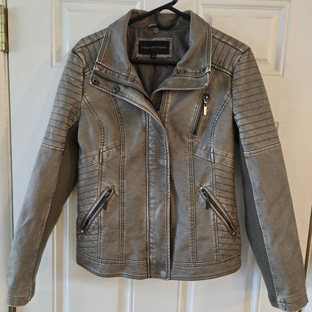 Signature Studio Faux Leather Moto Jacket Gray Womens Medium Zip Biker Y2K Retro